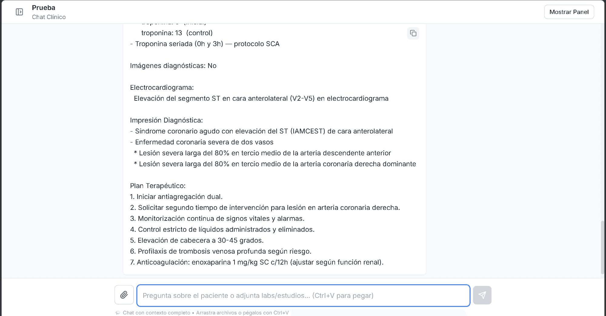 OMAXI Dashboard — ICU admission note: diagnostic impression and therapeutic plan